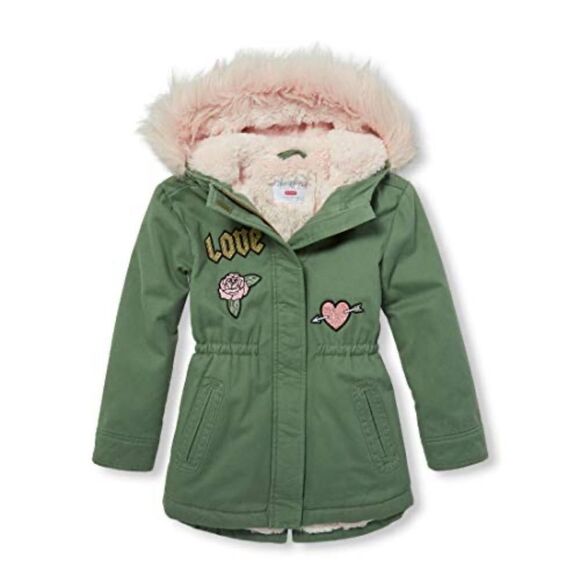The Children’s Place Girl’s Green Faux Fur Lined Hooded Full Zip Parka Coat XS 4 - Picture 1 of 16